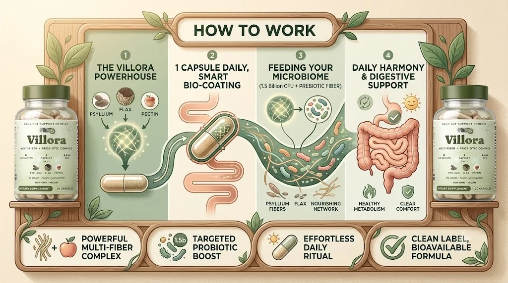 How Villora works: the multi-fiber probiotic capsule, one capsule daily and everyday digestive support